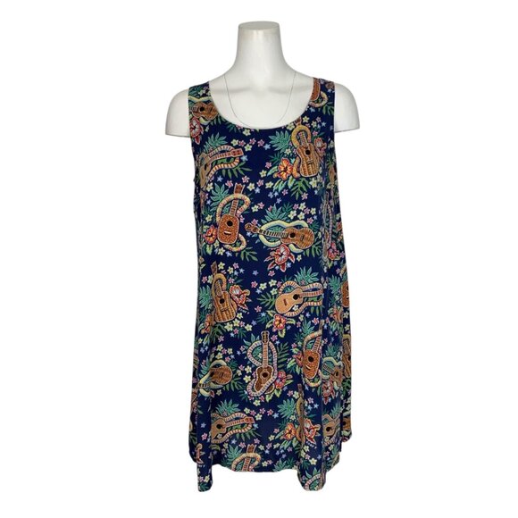 Reyn Spooner Art Of Eddy Vintage Hawaiian Dress L Blue Guitar Floral Tropical - Picture 1 of 12